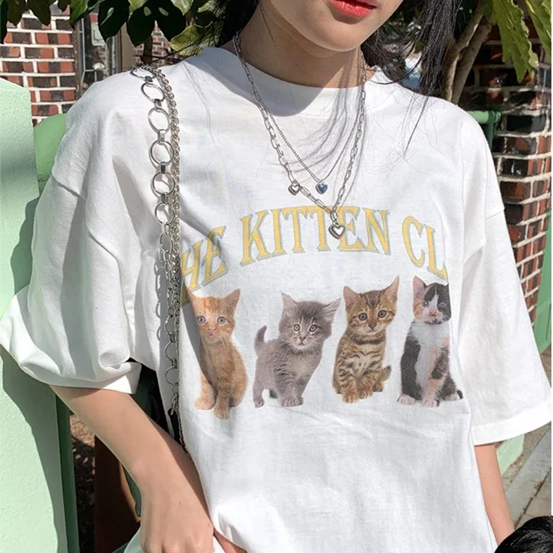 Женская футболка Kawaii The Kitten Club уличная одежда белая хлопковая женская с коротким