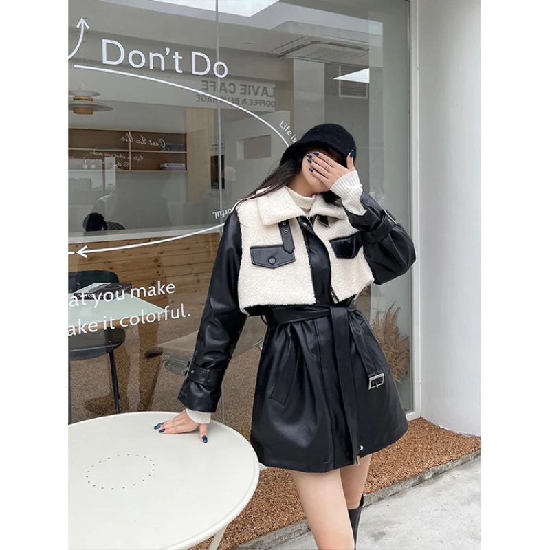 

Autumn and winter new lapel long sleeve solid Korean cardigan women's leather coat medium length 2-piece suit