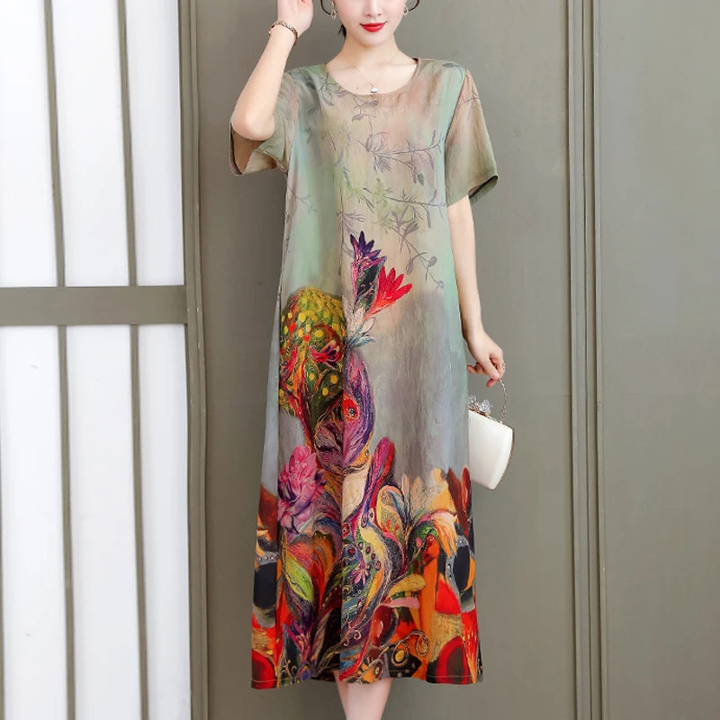 

Винтажное летнее платье с цветочным принтом, женское длинное платье в стиле бохо с коротким рукавом и круглым вырезом, повседневные платья ...