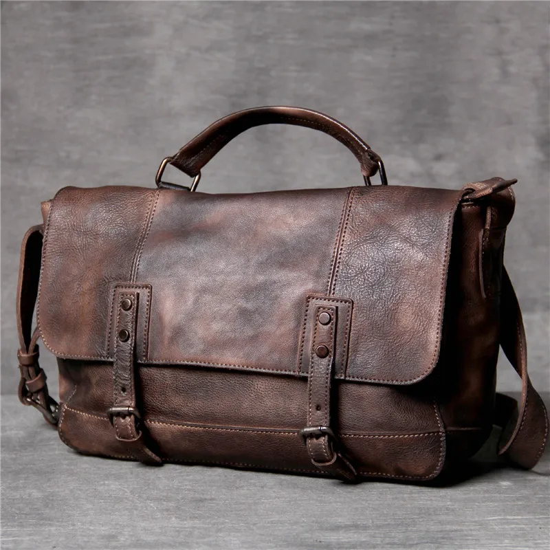 Business casual genuine leather men's briefcase vintage first layer cowhide work 13 inch laptop shoulder messenger bags satchel