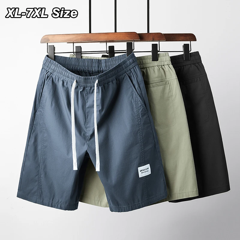 

XL-7XL Summer Thin Men's Fashion Casual Shorts Plus Size Elasticity Drawstring Solid Color Beach Bermuda Short Pants Black Khaki