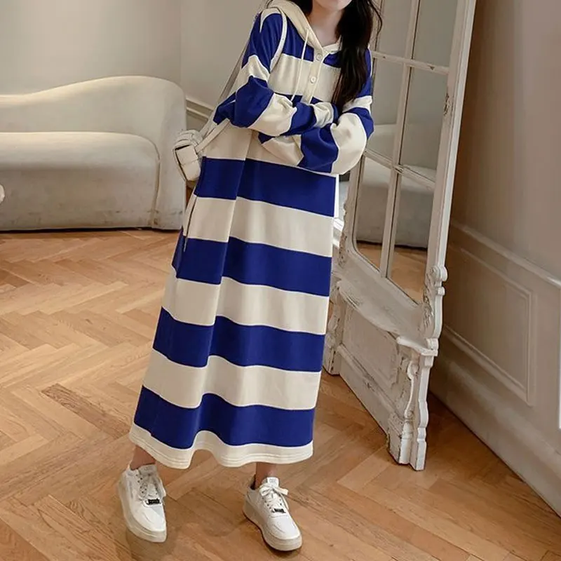 

Office Lady Simplicity Fashion Dresses Loose Casual Printing Lacing Striped Streetwear Long Sleeve Pullovers Women Clothing 2023