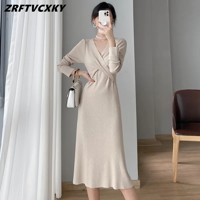 

Chic Women Wool Dress Cross V Neck Autumn Winter 2022 Streetwear Knitted Dresses Ladies Clothing Korean Soft Knitwear Vestido