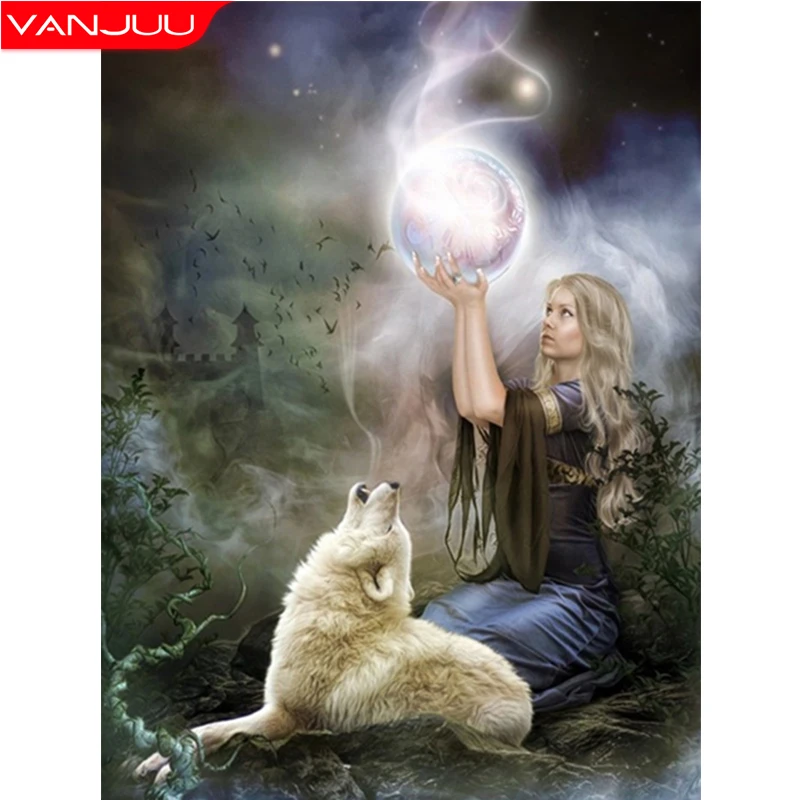 

5D алмазная живопись девочка и волк, полная круглая бриллиантовая картина, наборы для вышивки крестиком, DIY домашний декор, подарок