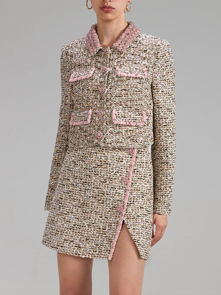 

Women Diamond Decoration Tweed Trim Color Patchwork Turn Down Collar Single Breasted Long Sleeve Cardigan or Split Mini Skirt