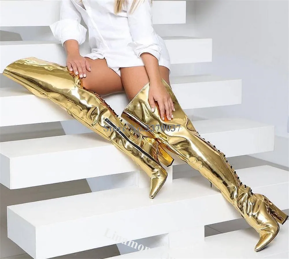 Linamong Women Fashion Gold Patent Leather Loose Over Knee Chunky Heel Boots Pointed Toe Back Open Cut-out Thick Heel Long Boots