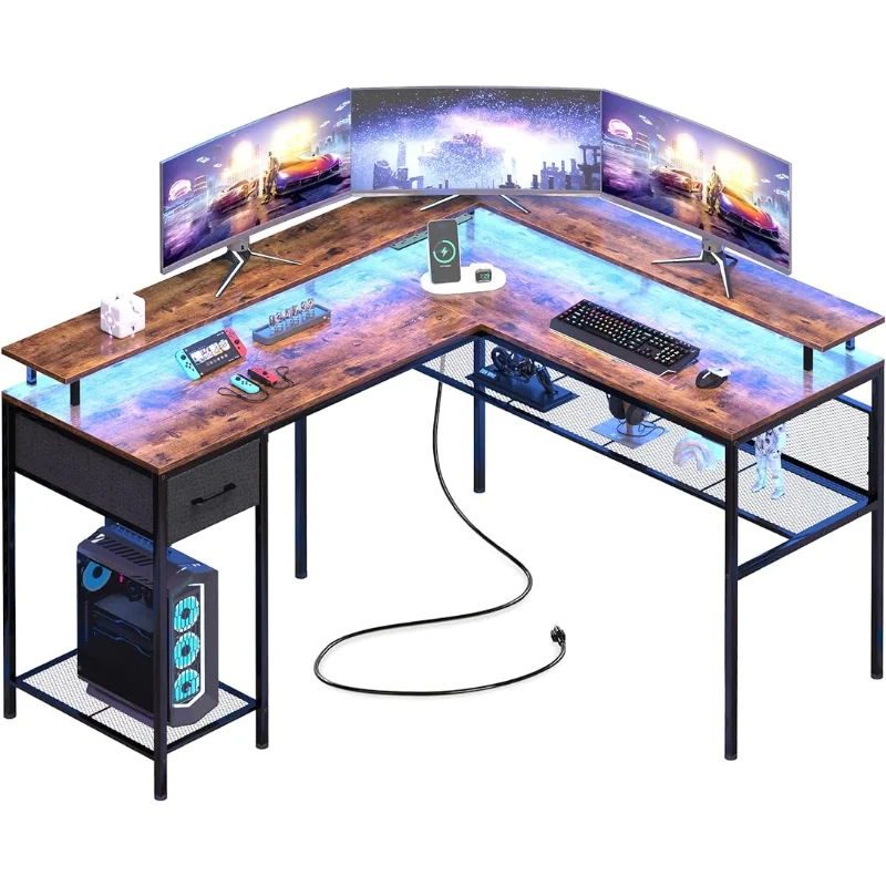 

Настольный компьютерный стол L-образной формы с фонариками и розетками питания, игровой стол с полками для хранения