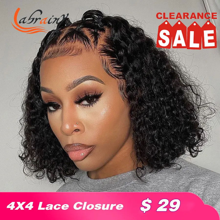 

4x4 Closure Curly Pixie Bob Lace Frontal Human Hair Wigs Kinky Curly Lace Front Wig Pre Plucked Women Brazilian Water Wave