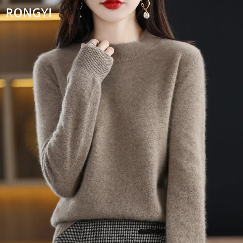 RONGYI 100% Pure Wool Half-neck Pullover Autumn /Winter Cashmere Sweater Woman Casual Knitted Tops Female Jacket Korean Fashion