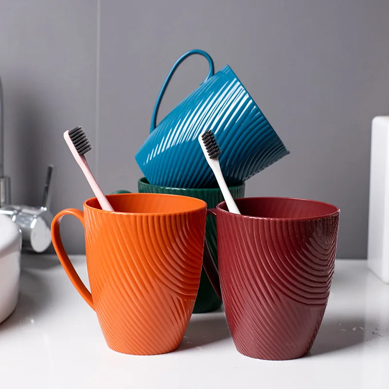 

Simple Nordic non-slip texture wash cup Solid color handle brush plastic water cup couples bathroom gargle cup
