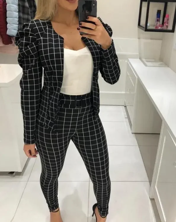 

Женский комплект из двух предметов, клетчатая куртка с рукавами-фонариками и брюки с поясом, повседневный наряд 2022