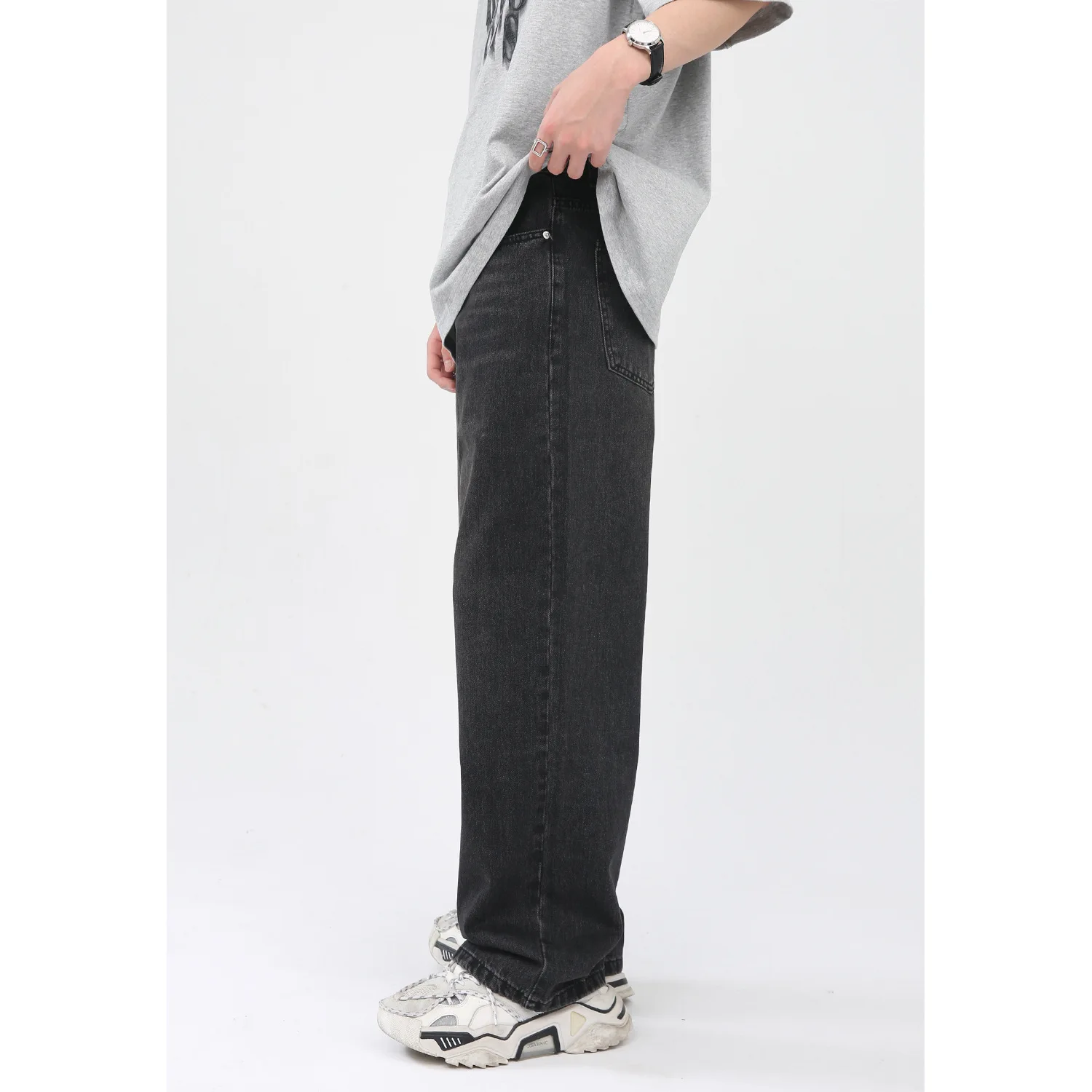 Four Seasons Men Jeans Korean Version Simple Loose Straight Mid Waist Solid Color Jeans Hip Hop Streetwear Ins Hot Men Clothing