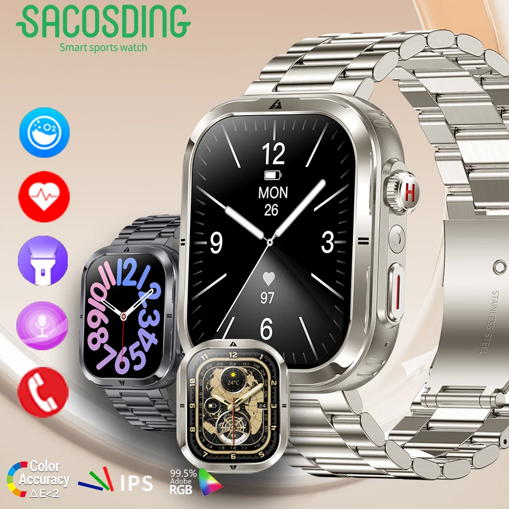 Мужские смарт-часы для спорта на открытом воздухе большой экран 2 01 дюйма фонарик