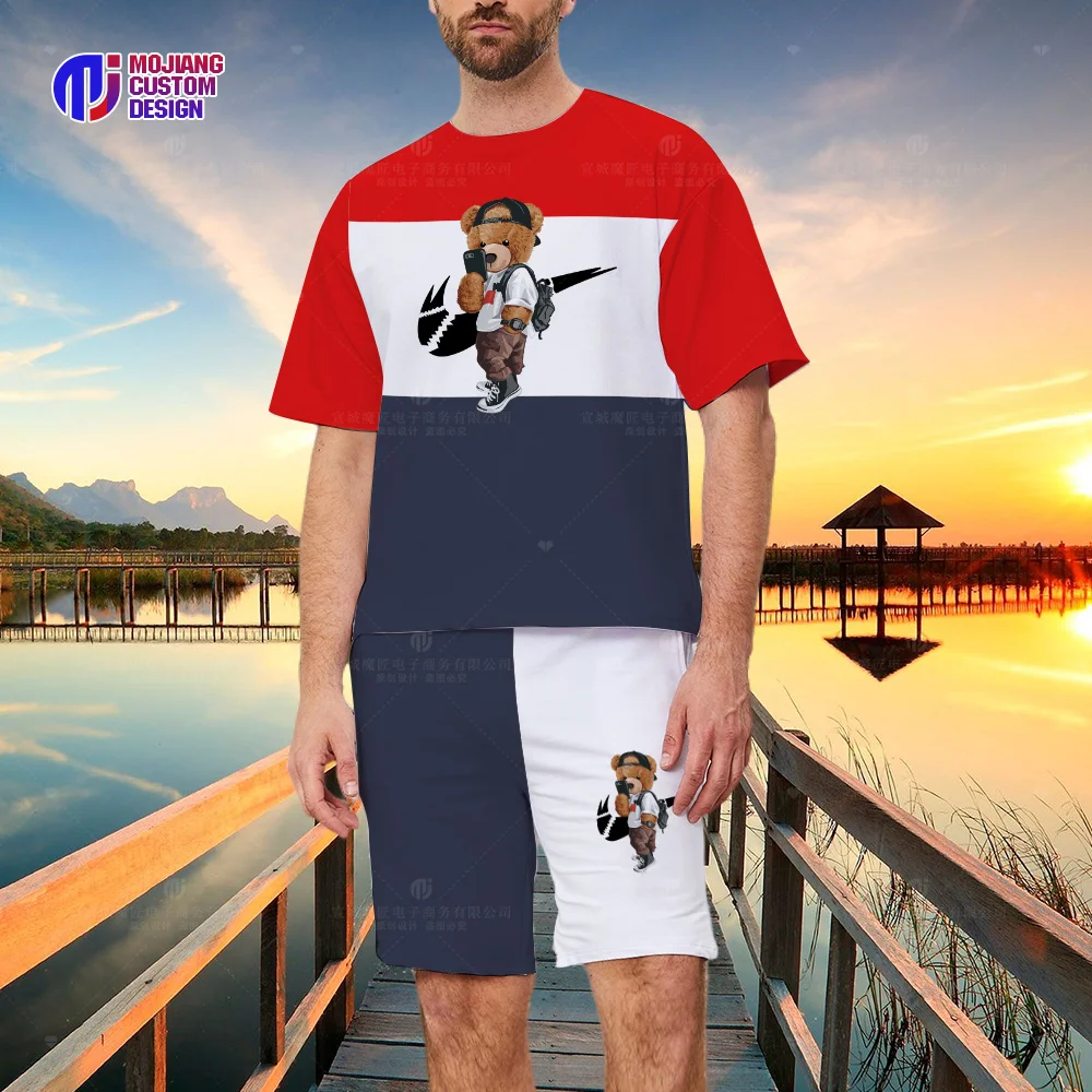 New 2023 Sports Brand Bear Letters Men's T-shirt Suit Fashion Sportswear 3D Printing Loose Beach Shorts Shorts Casual Hello Patt