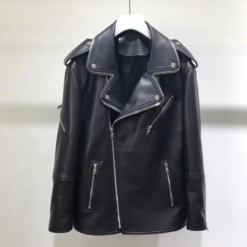 

Genuine Women 2023 Spring Fashion Real Sheepskin Rivet Motorcycle Biker Jacket Female Sheep Leather Coat