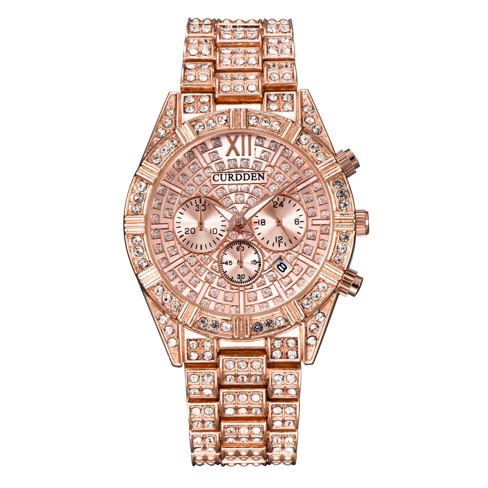 

New Fashion Steel Belt Calendar Watch Full Of Diamonds Wrist Watch Luxury Bussiness Wristwatches Vintage Relógio Masculino reloj