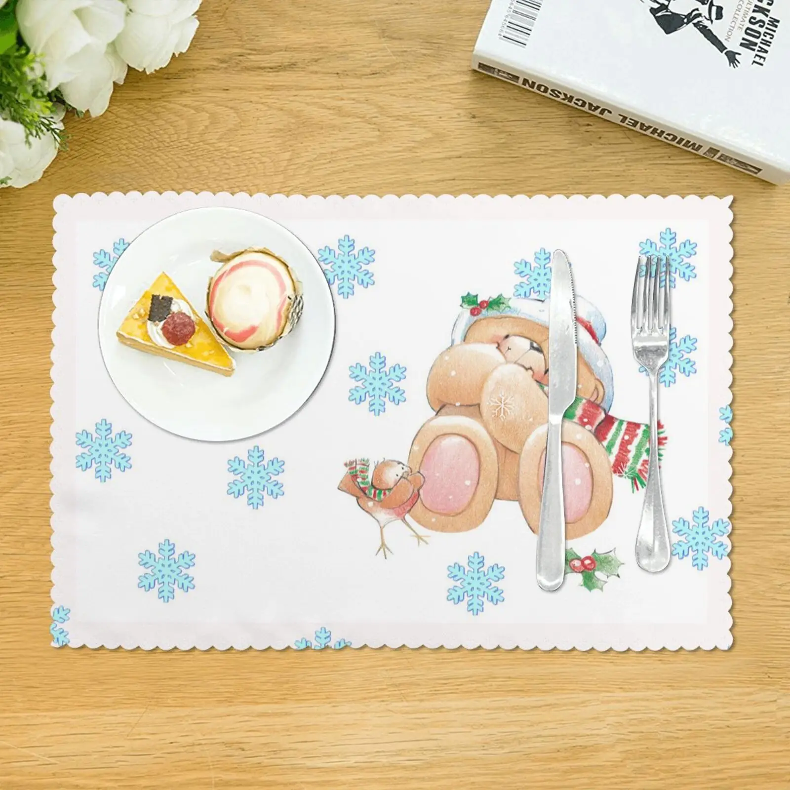 

Snowflakes Bear Placemat Polyester Christmas Single Side Printed 12x18 Inch Strong Heat Resistance Set of 4 Table Mat
