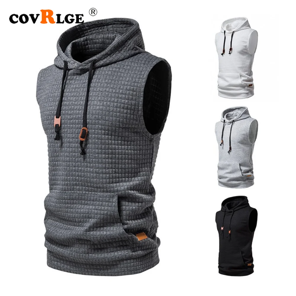 

Covrlge Men's Jacquard Hooded Sweatshirt Summer Autumn Sleeveless Solid Color Knitted Men Hoodie Pullover Undershirt Male MWW412