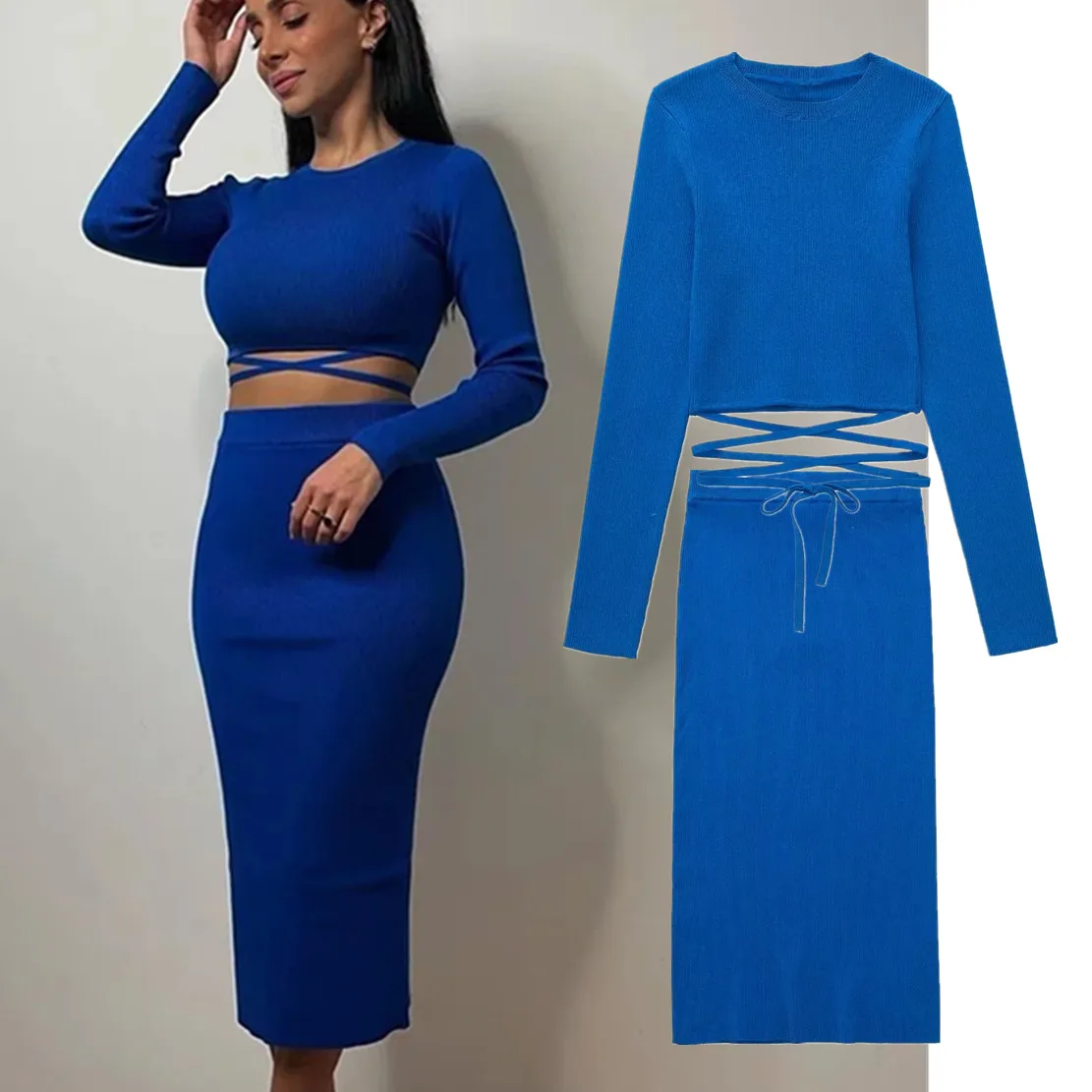 

Maxdutti 2022 Ins Fashion Blogger High Street Vintage Sexy Bandage KnitwearTops And Knitted Midi Skirts Women Sets