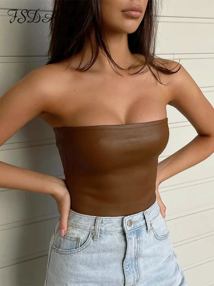 

Женский укороченный топ из ПУ кожи, без бретелек, с открытой спиной