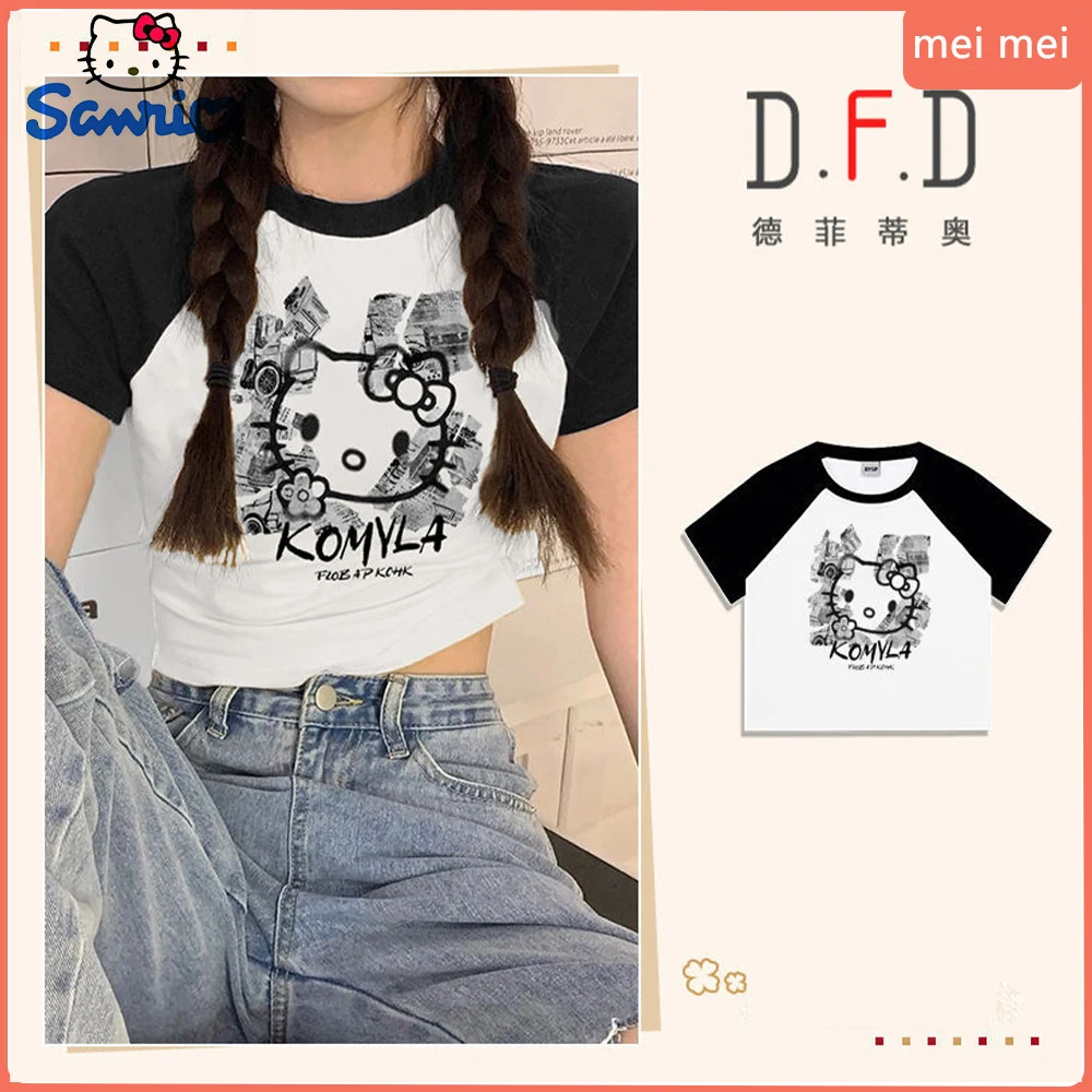 Hello Kittyy2K Sanrio Women's T-Shirt Crop Tops Tees Cat Anime Girls Summer Street Clothing Short Sleeve Aesthetic Clothing Gift