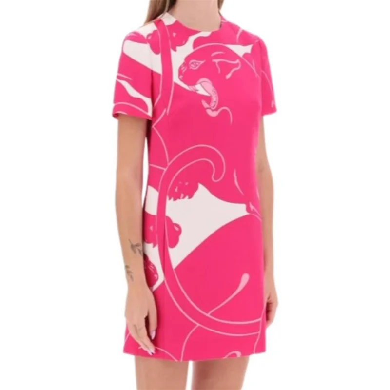 

Elegant Party Dresses For Women 2023 Autumn New Korean Fashion Pink Leopard Print Long Dress Round Neck Short Sleeved Dress traf