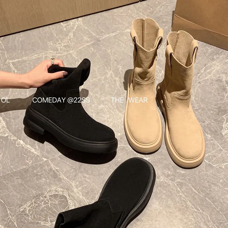 Cool Shoes Spring Autumn Ankle Boots Simple Style Western Boots Woman Slip On Platform Shoes Cow Suede Leather Cowgirls Botas