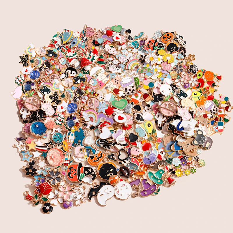 

Hot Sale 240/360pcs Enamel Cartoon Hearts Animals Charms Flowers Fruits Rainbow Pendants for DIY Jewelry Making Wholesale