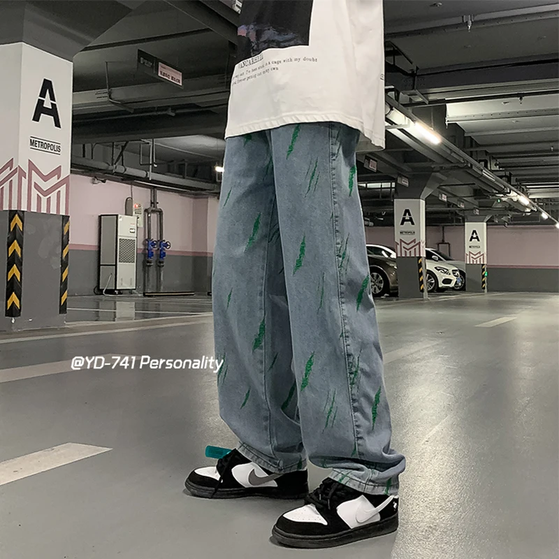 Men Street Dance Wide Legs Baggy Jeans Korean Version  Fashion Green Loose Denim Pants Male Rap Hip Hop Jeans Plus Size S-3XL