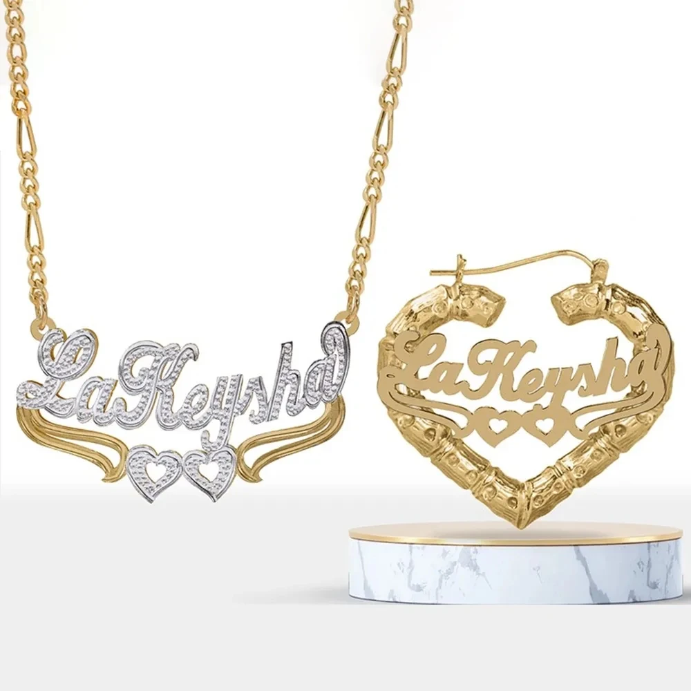 Customized Jewelry Sets Two Tone Double Heart 14K Gilded Nameplate Personalized Name Necklace Heart Shaped Bamboo Earrings Sets
