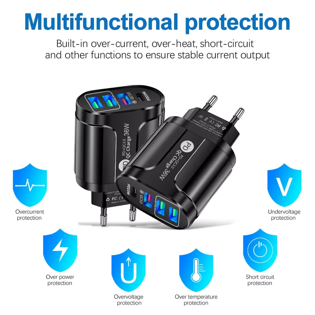 

Phone Charges PD36W QC3.0 2.4A Dual USB Fast Charging Multi Port USB Travel Charger PD Charging Head For iPhone 13 12