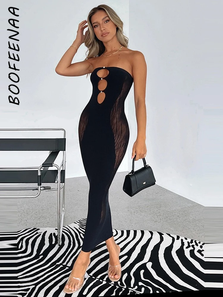 BOOFEENAA Elegant Sexy Evening Party Black Dresses for Women 2022 Sheer Mesh Patchwork Tube Top Bodycon Long Dress C82-BF18