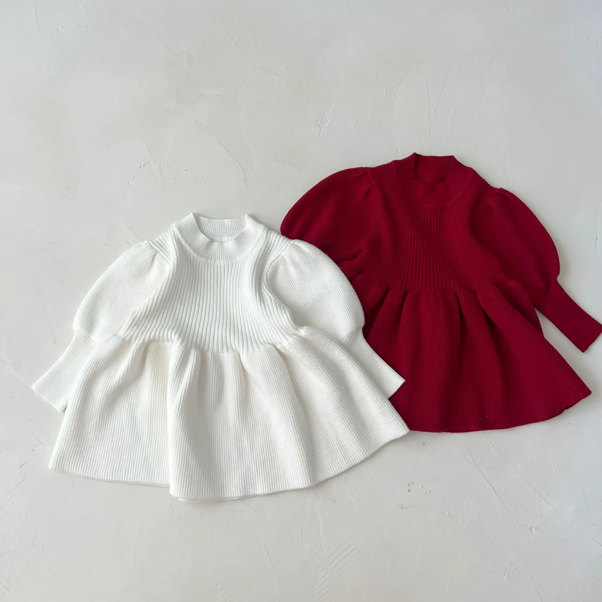 Girls Dress Children's Knitted Skirt Baby Fashion Solid Color Long Sleeve Princess Sweater Warm Cotton Clothes