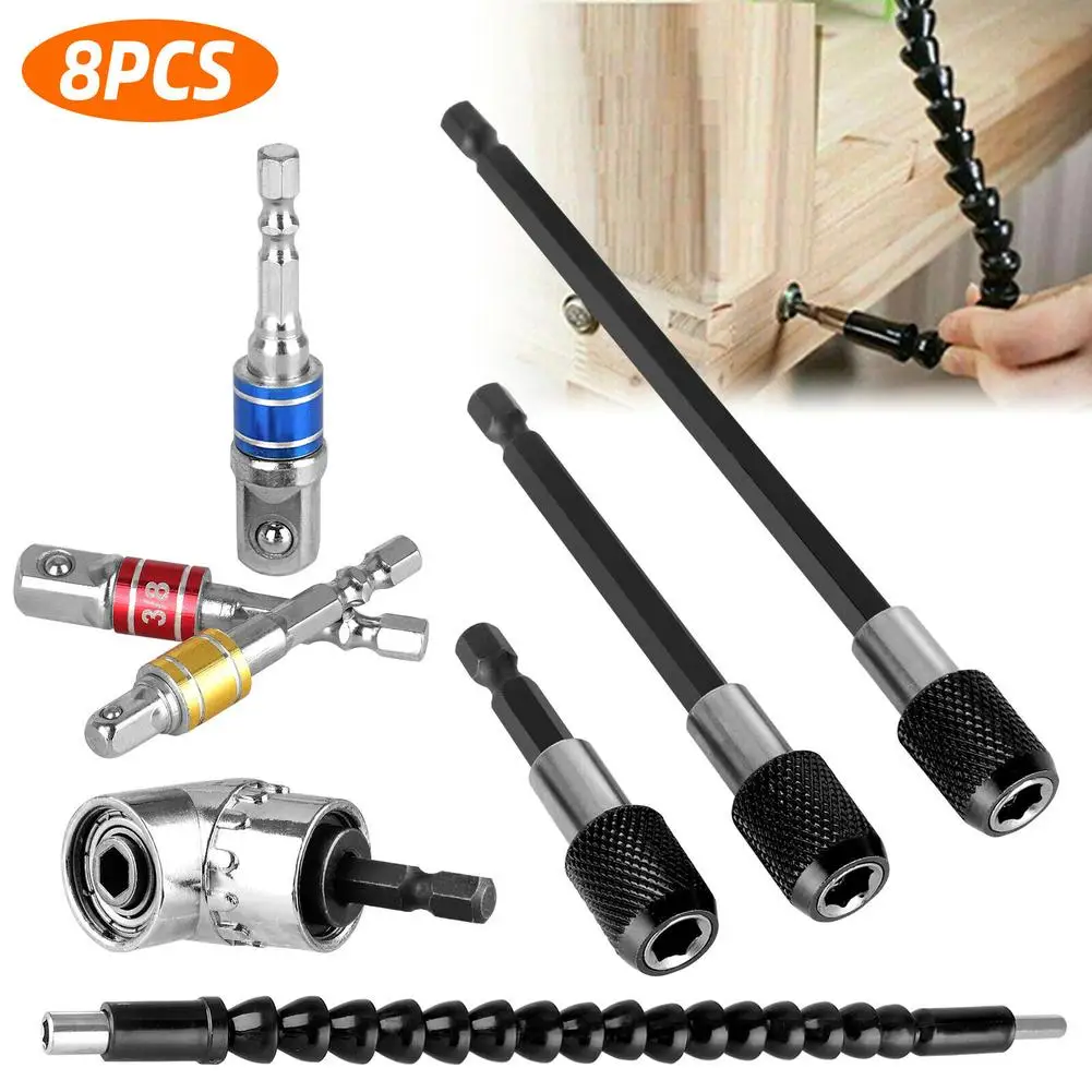 

105 Degree Right Angle Drill Attachment and Flexible Angle Extension Bit Kit for Drill or Screwdriver 1/4" Socket Adapter Tools