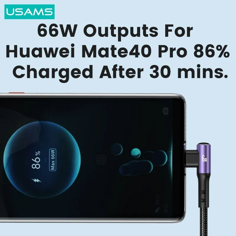 USAMS 66W 3 In 1 Right Angle Elbow Game Cable For iPhone iPad MacBook Quick Charging Data Cable For Huawei Xiaomi Samsung OPPO