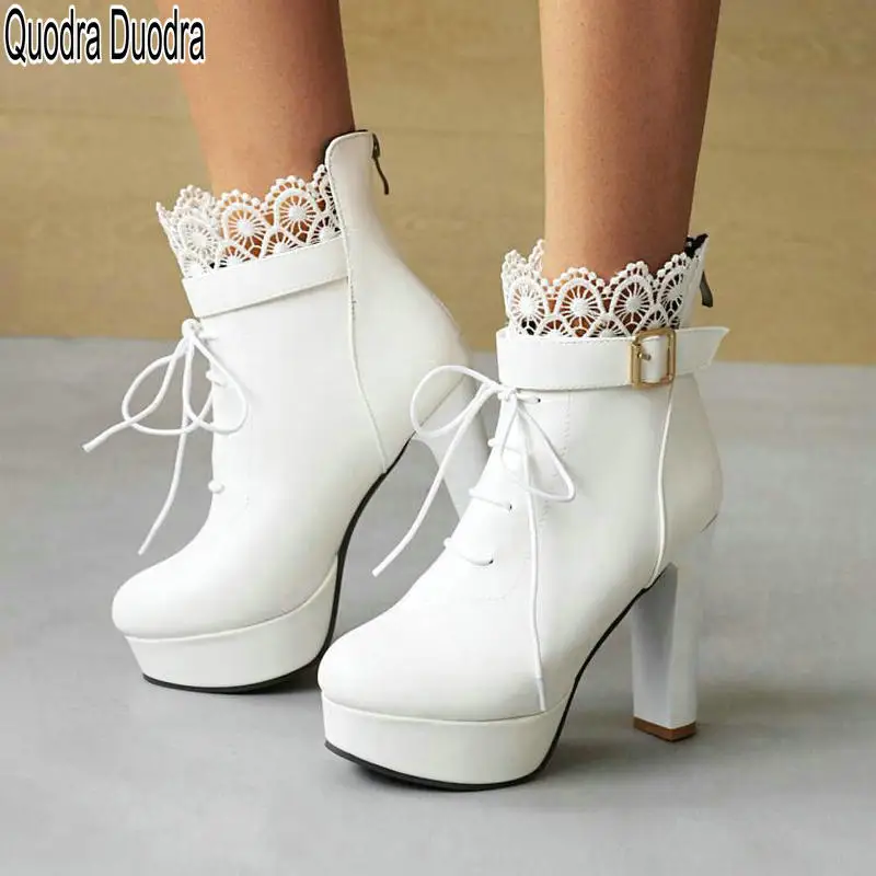 

Ankle Boots New Female Women Shoes Thick High Heels Fashion Winter Solid Lace Round Toe PU Platform Lace-up Office Casual Luxury