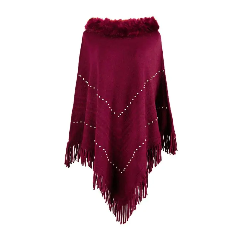 

Women Plush Collar Knit Pullover Sweater Top Fringe Tassel Shawl Wrap Batwing Beading Geometric Striped Poncho Cape