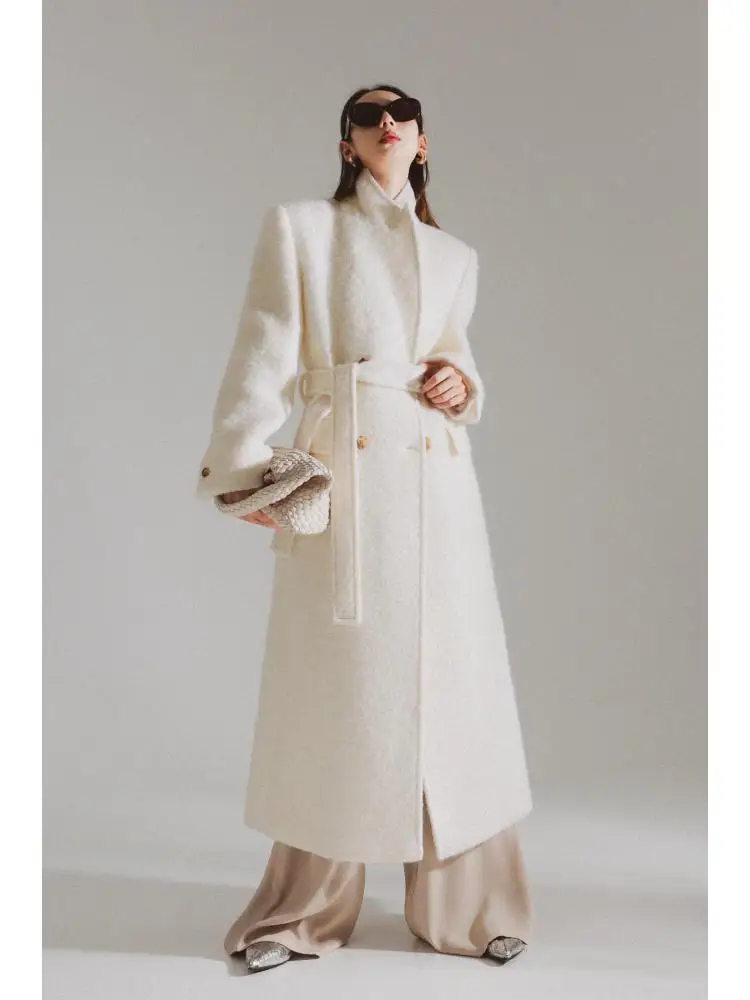 

Мохеровая шерстяная куртка 2023 осень/зима корейский стиль двубортные на шнуровке свободные длинные женские шерстяные пальто альпака