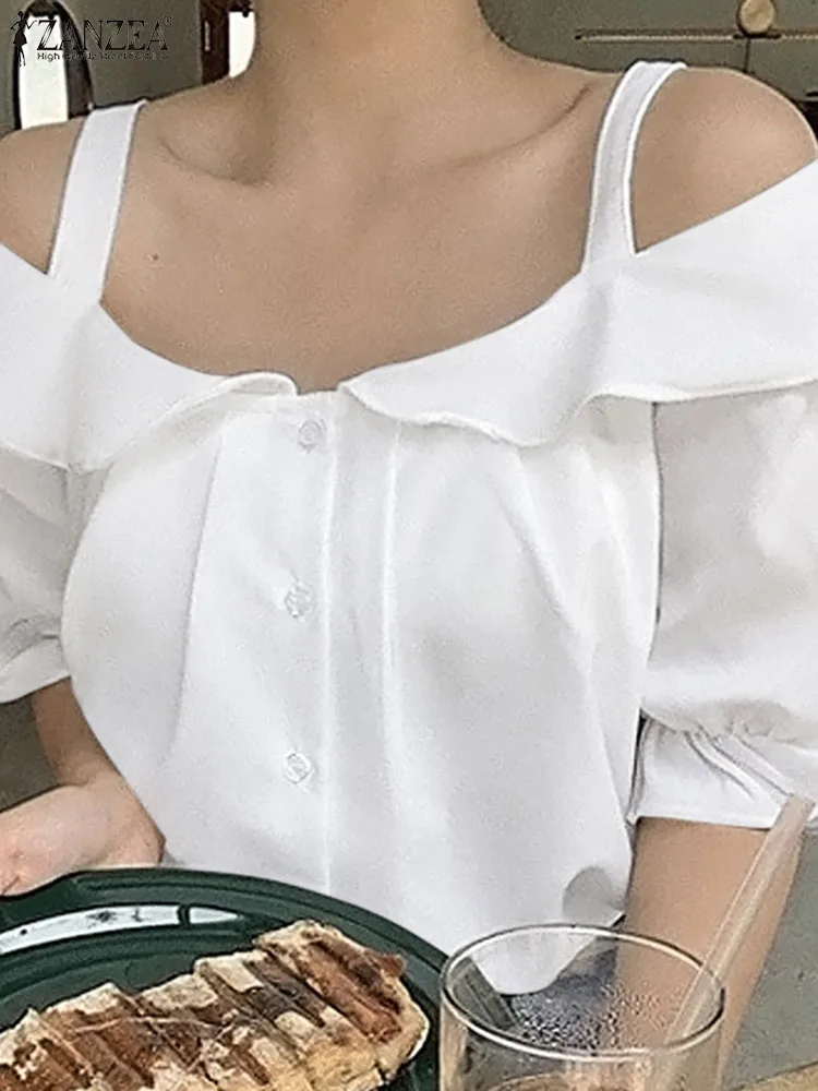 

Милые эластичные рубашки ZANZEA 2022 с манжетами, корейская модная блузка с открытыми плечами, винтажные праздничные топы с расклешенными рукав...