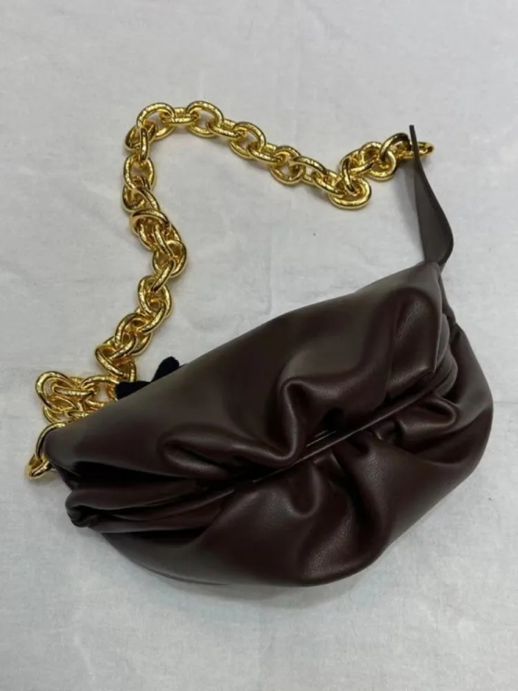 

Офисная Женская сумка-хобо из мягкой кожи, сумка на плечо с толстой цепочкой, женский маленький тоут из спилка, модные однотонные слинг-сумк...