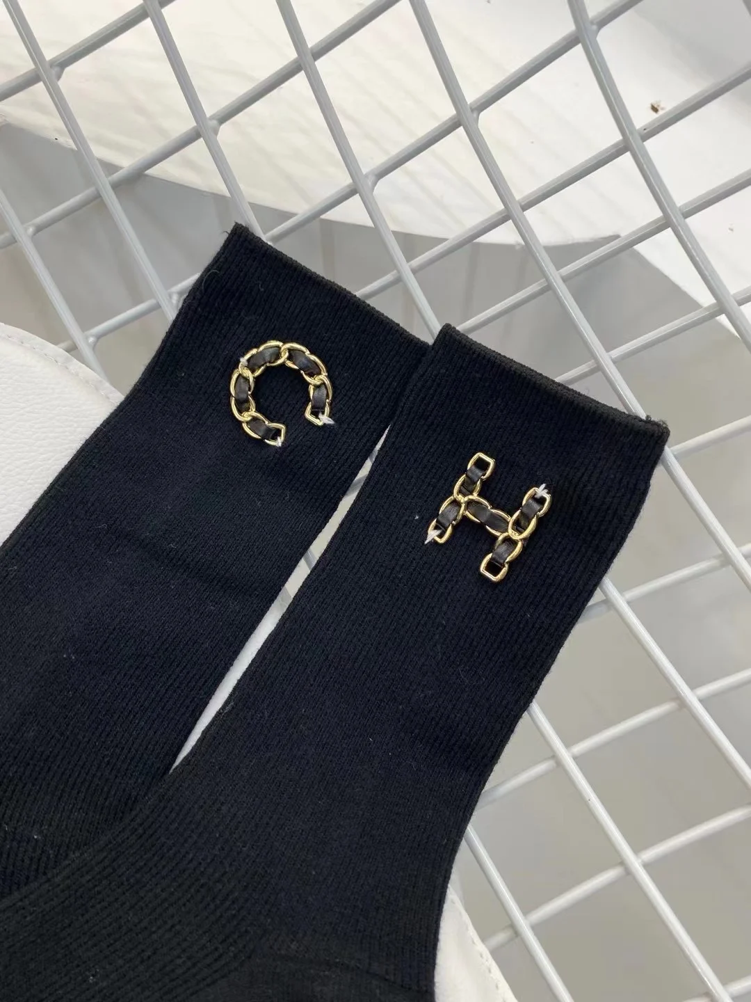 Metal Letter Embroidery Middle Tube Stockings All-match Spring Autumn Trendy Socks Net Red AB Face Black Cotton Sock