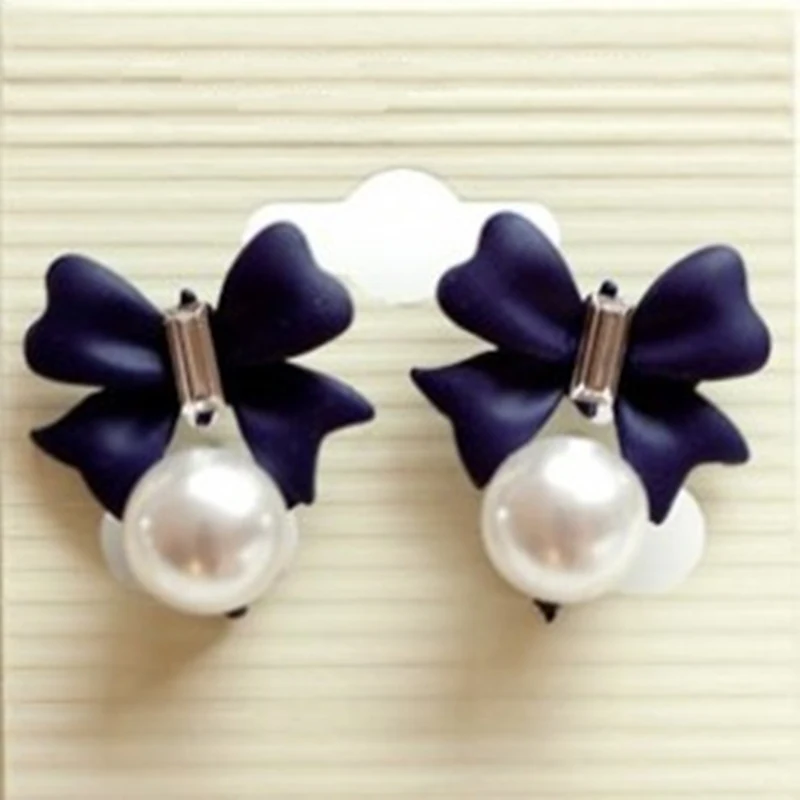 

New Fashion Vintage Simple Cheap Full Rhinestone Sweet Bowknot Imitation Pearl Stud Earrings For Women Blue Black