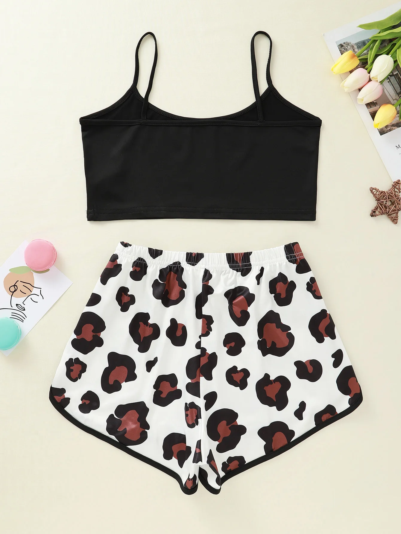 Alphabet Print Halter Top And Leopard Print Pants Home Clothing Nightdress Set Stylish Sexy Home Women Underwear Nightdress Set