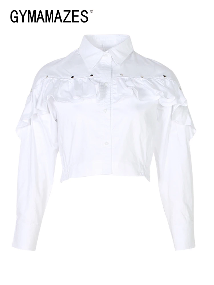 

GYMAMAZES Chic Solid Shirts For Women Lapel Long Sleeve Patchwork Ruffles Single Breasted Blouse Female Clothing Fashion Style