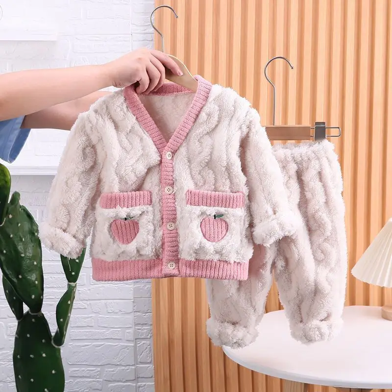 

Winter New Children Flannel Pajama Set Girls Thickened Warm Long Sleeve Pajamas Baby Fruit Print Pattern Girl Home Clothes Set