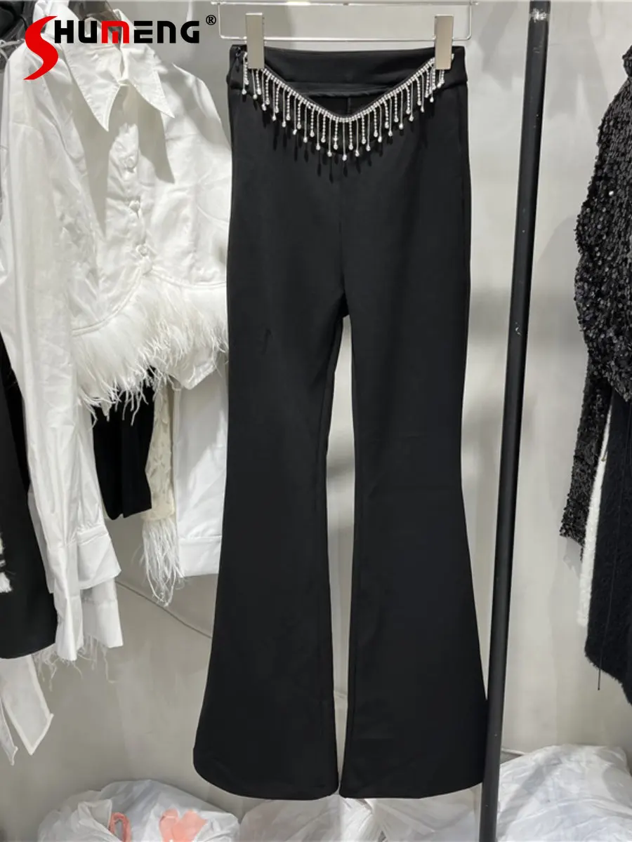 

Тяжелая промышленная цепочка бриллиантовые расклешенные брюки женские весна 2023 Новинка приталенные черные Костюмные брюки с высокой талией женские повседневные брюки