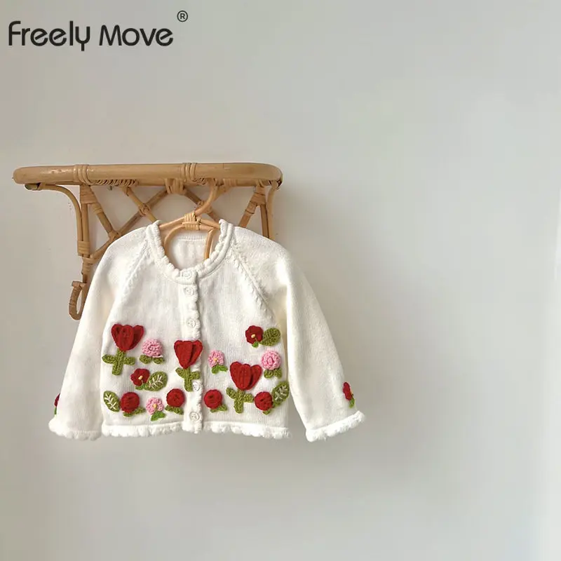 

Freely Move Autumn 2022 New Children Wear Girls Flower Sweater Children Retro Cardigan Jacket Girl Cardigan Sweater Open Stitch