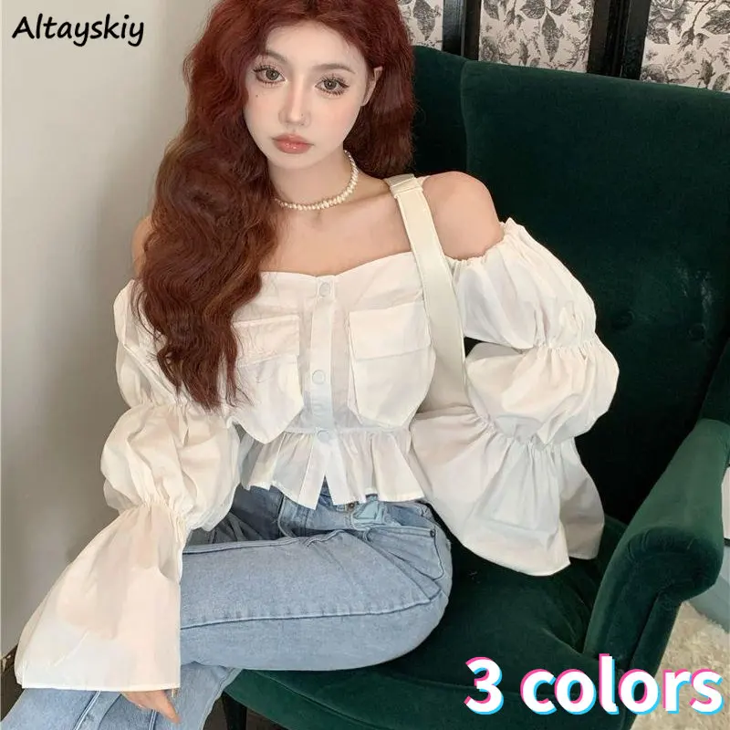 

Shirts Women Slash Neck Sexy Chic Hotsweet Folds Design Gentle Spring Flare Sleeve Retro Crop Tops French Style Aesthetic Trendy