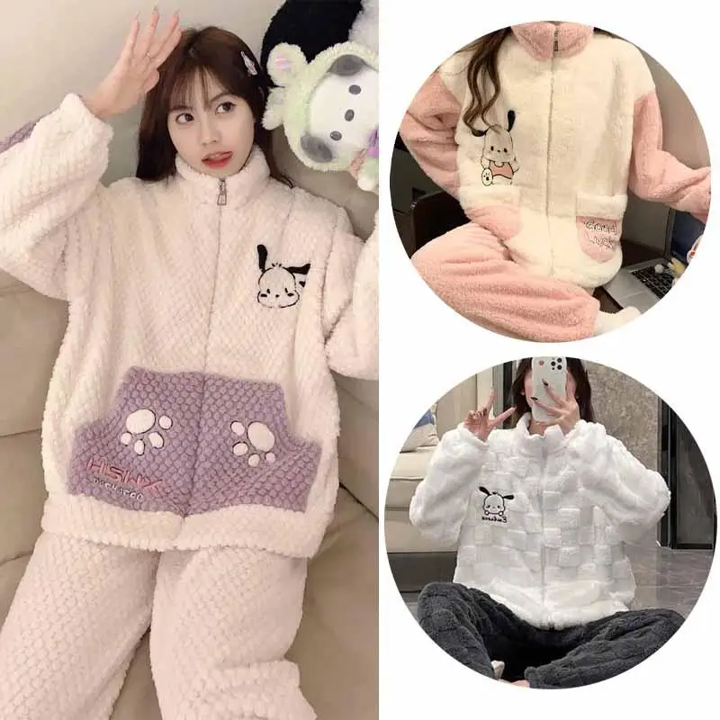 

Cute Cartoon Coral Fleece Pajamas Pochacco Anime Winter Plush Flannel Home Clothes Set Thickened Warm Outerwear for Girls
