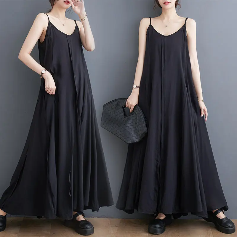 

Женское длинное платье-жилет на бретелях, черное модное универсальное платье без рукавов, Одежда большого размера, Z1813, лето 2023